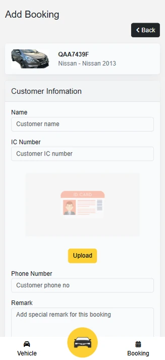Add a booking with the customer’s IC