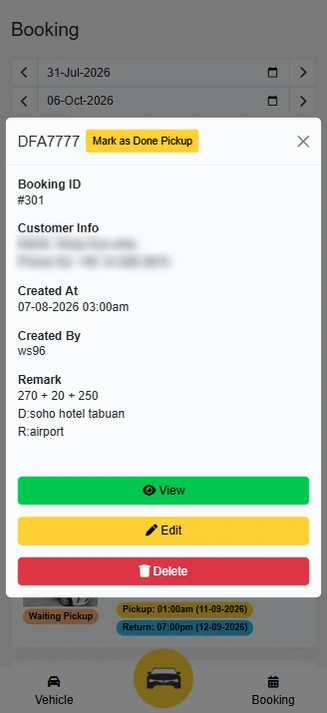 Booking details with customer info and remarks