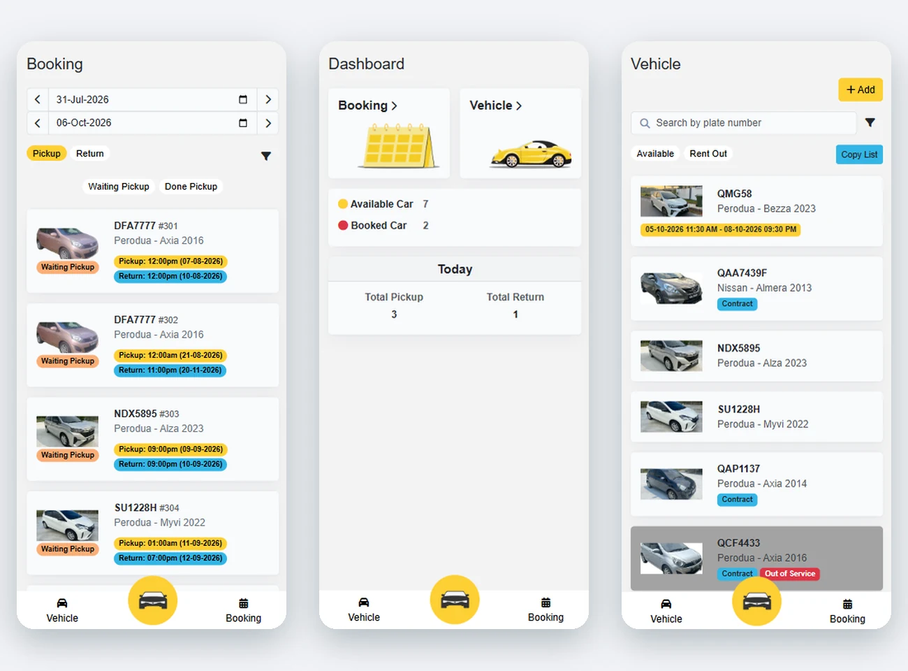 Aurora Car Rental staff booking app screens