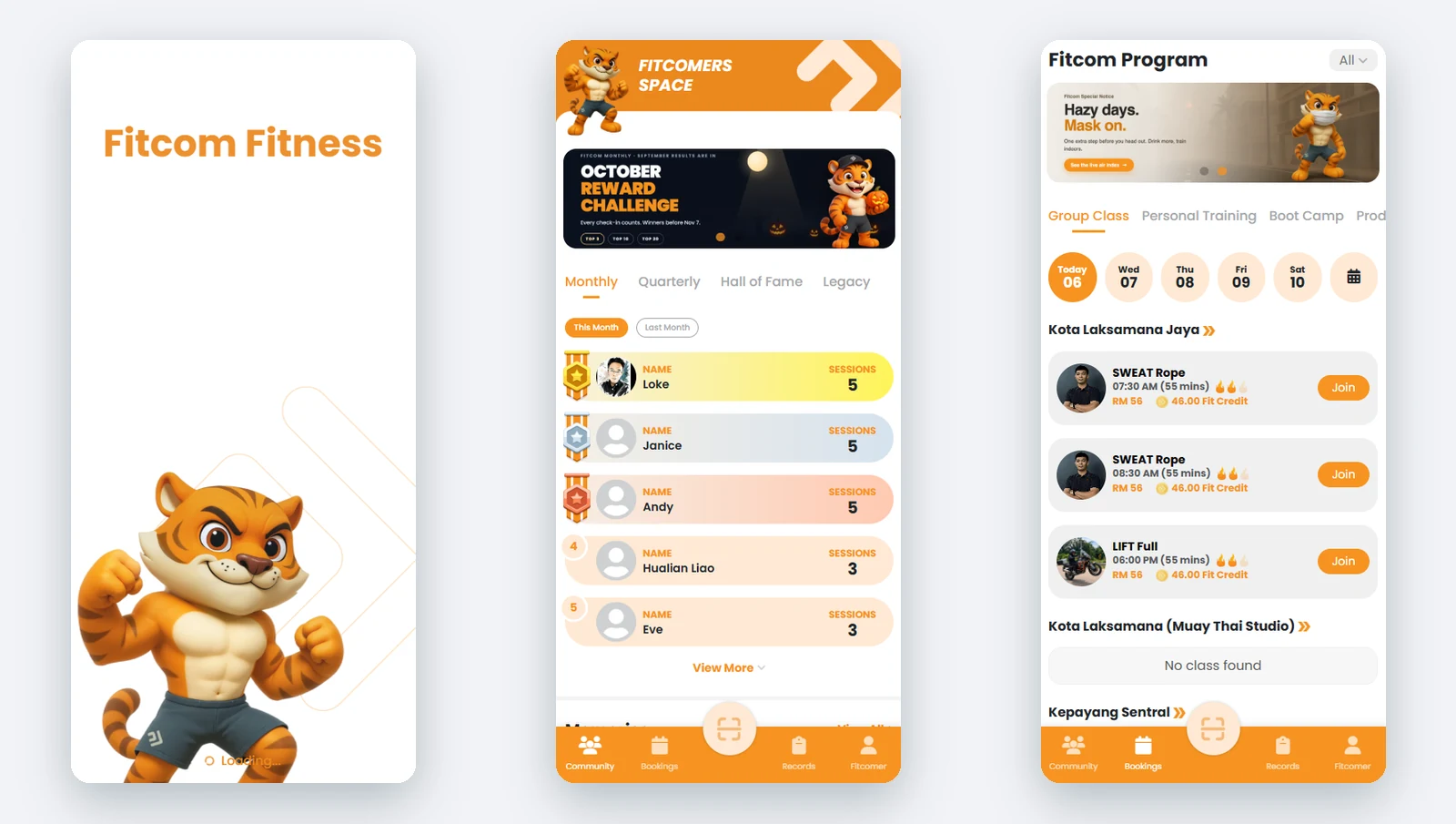 Fitcom Fitness member app screens