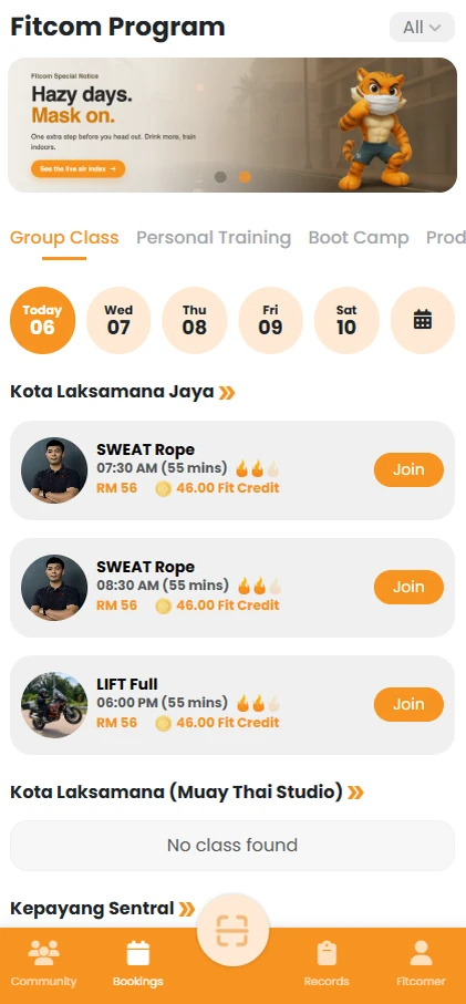 Fitcom app screen