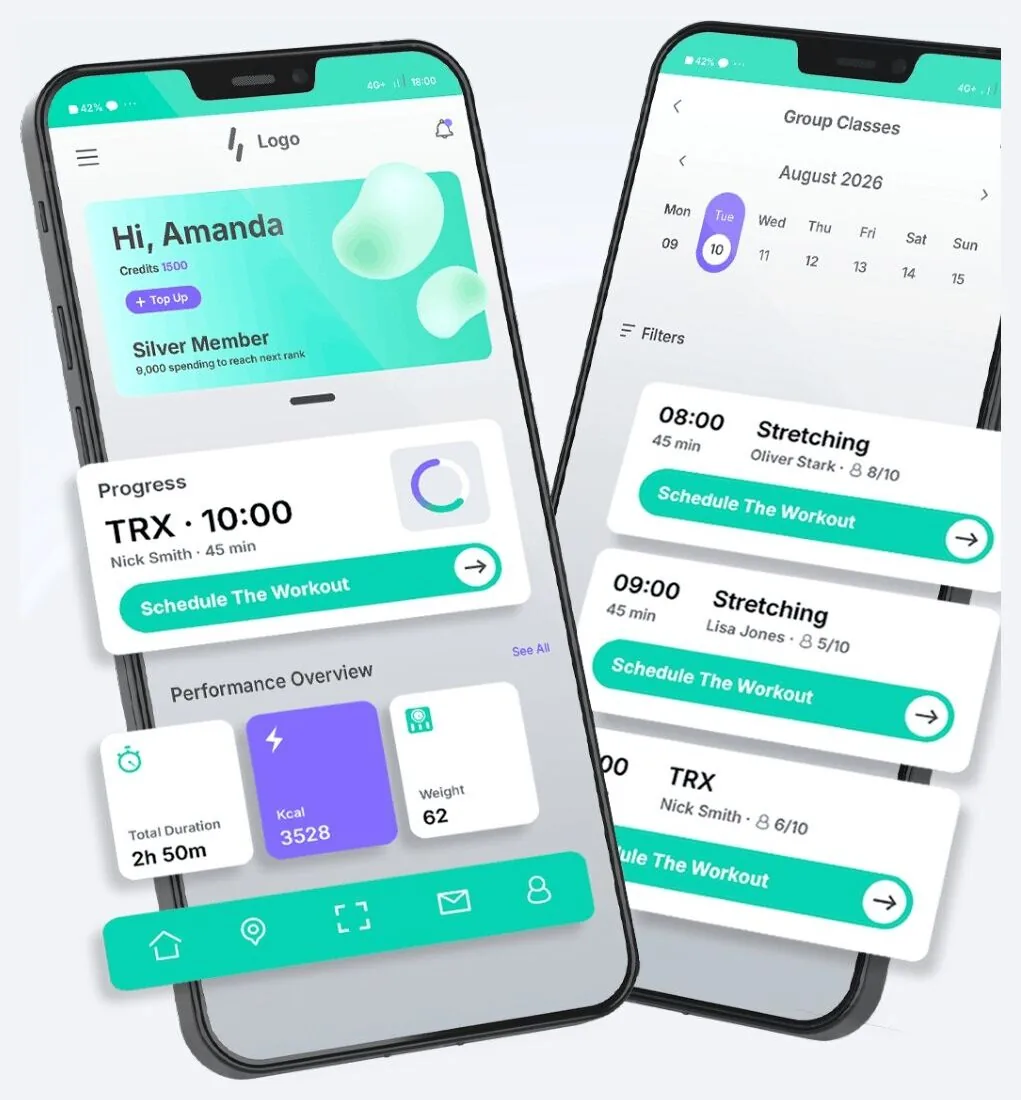 Booking and class schedule screens