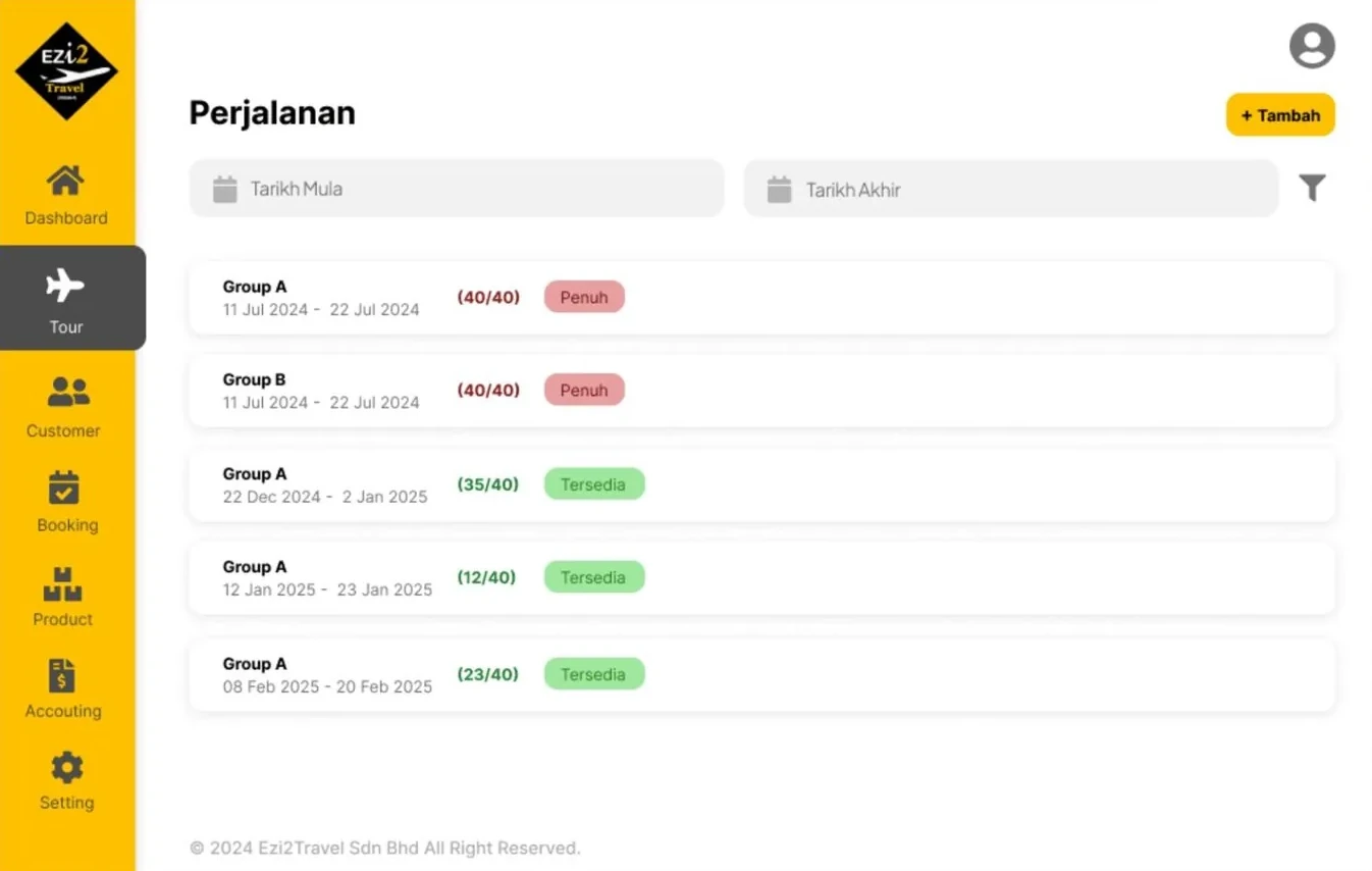 Trips by group with seat availability
