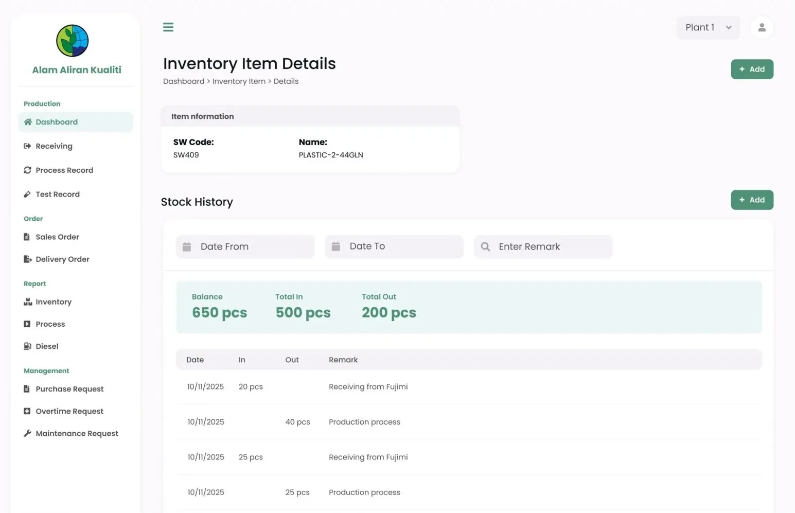 Inventory item details and stock history